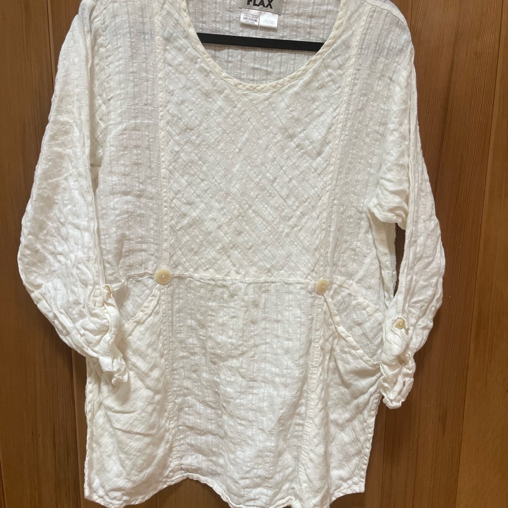 FLAX by Jeanne Engelhart Cream Textured Linen Tunic Top